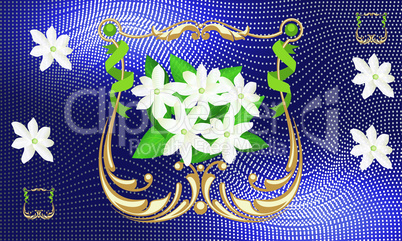 jasmine flower in golden frame on blue abstract background