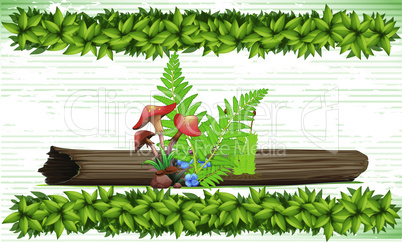 dry wooden tree with small mushroom plants and leaves on abstract background