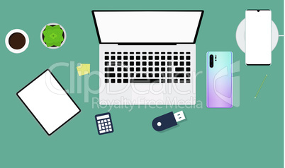 office desk mock up illustration with all electronic devices