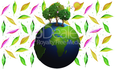 3d illustration of earth with green trees and sun effect on abstract leaves background