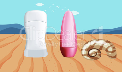 mock up illustration of couple beauty product on wooden table surface