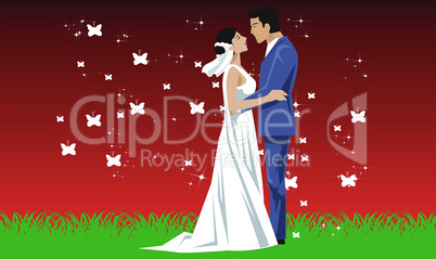 young couple loving each other on abstract background