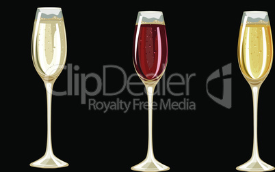 different champagne glasses on dark background