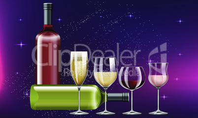 collection of wine glasses and bottle on abstract background