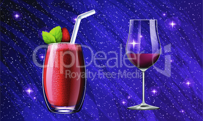 different types of strawberry juice glass on abstract background