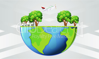 earth carrying several plants, buildings and vehicles on abstract background