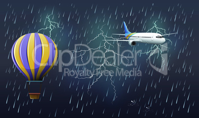 hot air balloon and airplane flying thunderstorm background