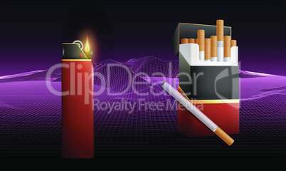 pack of cigarettes with light box on abstract wave background