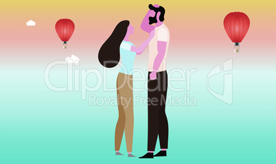 couple loving each other in flying hot air balloon view