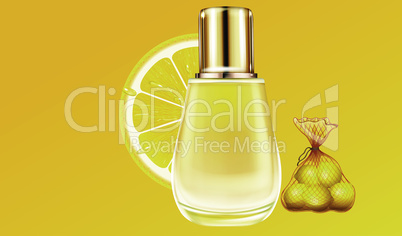 mock up illustration of small glass bottle perfume made up of lemon extracts