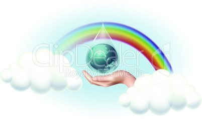 save earth and environment on rainbow and clouds background