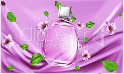 mock up illustration of female perfume on silk texture background