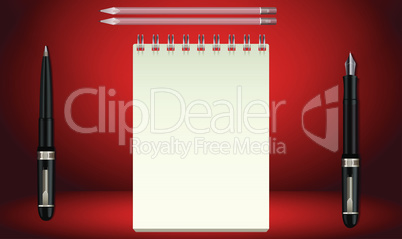mock up illustration of notebook, pen, pencil on abstract background