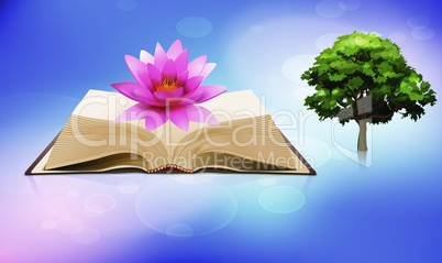 old religion book contains lotus flower and tree on abstract sky background