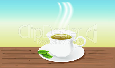 mock up illustration of tea cup with leaves on abstract background