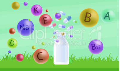 mock up illustration of multi vitamin pills on abstract background