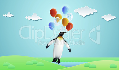penguin is flying with balloons in garden