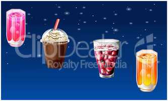 different types of drinks on abstract stars background