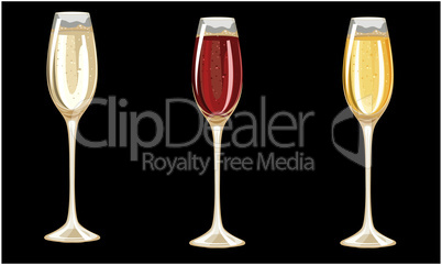 different champagne glasses on dark background