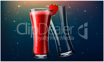 full and empty glass of strawberry juice on dark background