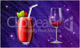 different types of strawberry juice glass on abstract background