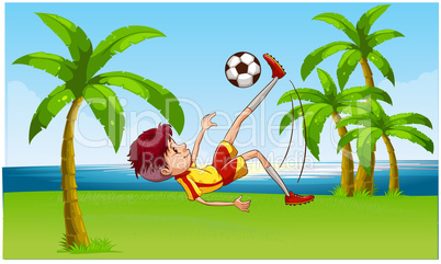 boy playing football on beach garden