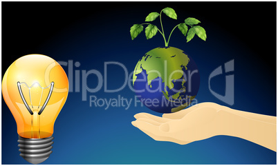 hands carrying earth and tree with light bulb technology