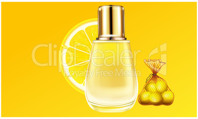mock up illustration of small glass bottle perfume made up of lemon extracts