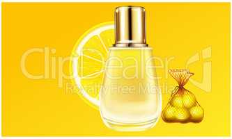 mock up illustration of small glass bottle perfume made up of lemon extracts