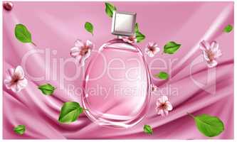 mock up illustration of female perfume on silk texture background