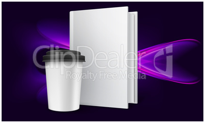 mock up illustration of hot drink mug and notebook on abstract background