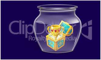 treasure with victory cup in a glass jar on abstract background