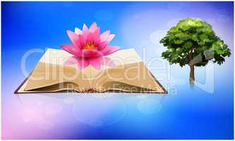 old religion book contains lotus flower and tree on abstract sky background