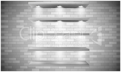 mock up illustration of wall shelves on wooden brick background