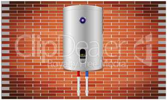 mock up illustration of kitchen water heater on red brick wall background