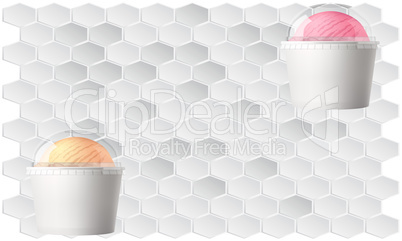 mock up illustration of ice cream cup in different flavors with transparent cover on abstract blue background