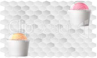 mock up illustration of ice cream cup in different flavors with transparent cover on abstract blue background