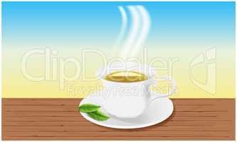 mock up illustration of tea cup with leaves on abstract background