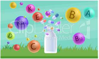 mock up illustration of multi vitamin pills on abstract background