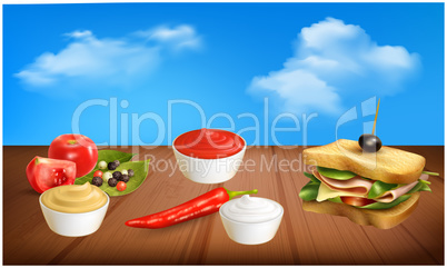 mock up illustration of sandwich and different sauces on abstract background