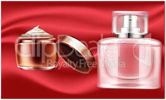 mock up illustration of female perfume and body lotion set on abstract background