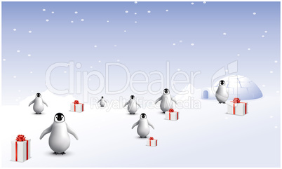 several penguins are in snow with gifts