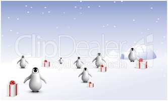 several penguins are in snow with gifts