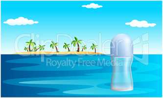 mock up illustration of female perfume on beach water view