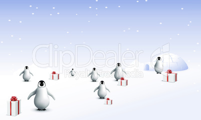 several penguins are in snow with gifts