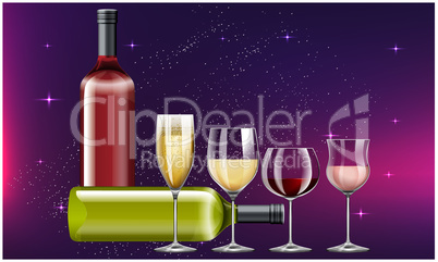 collection of wine glasses and bottle on abstract background