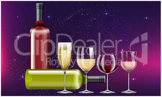 collection of wine glasses and bottle on abstract background