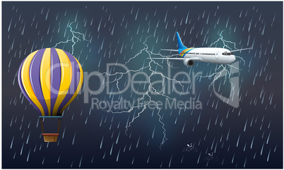 hot air balloon and airplane flying thunderstorm background