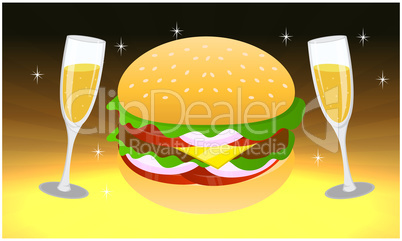 fast food and wine glass on abstract background