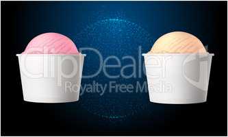 mock up illustration of ice cream cup in different flavors on abstract blue background